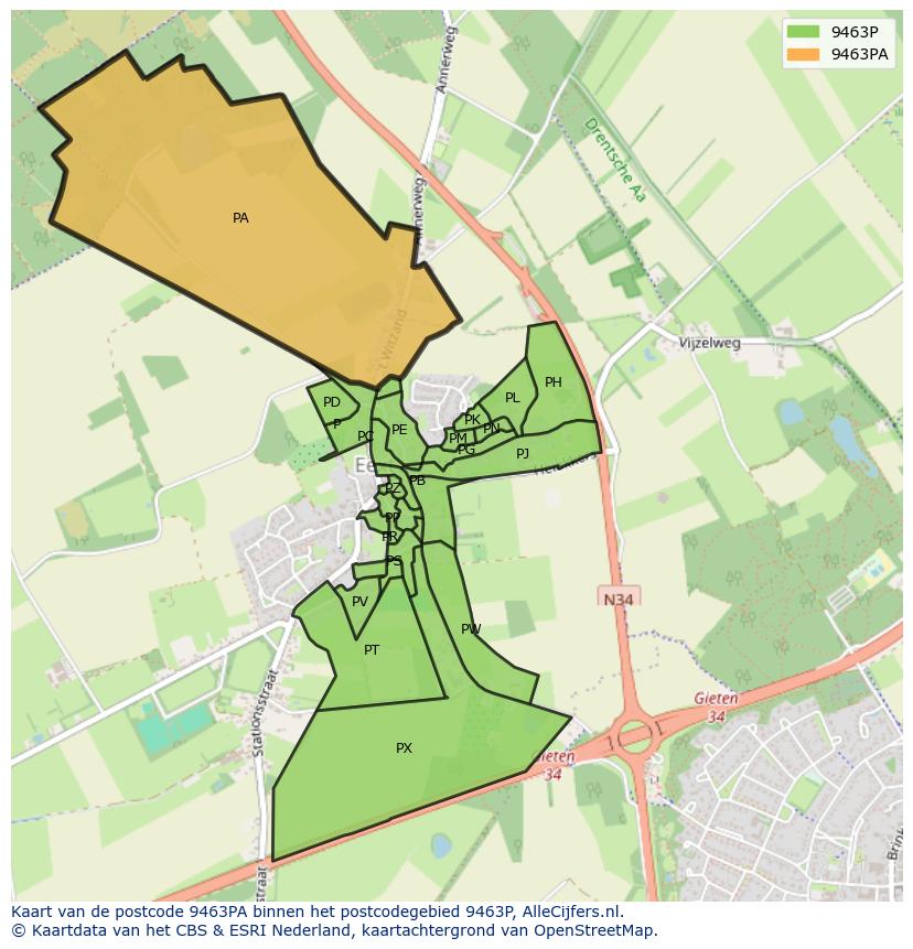Afbeelding van het postcodegebied 9463 PA op de kaart.