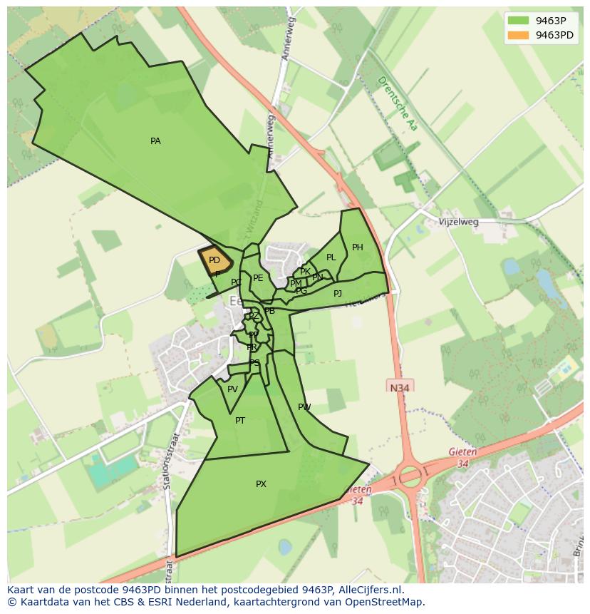 Afbeelding van het postcodegebied 9463 PD op de kaart.