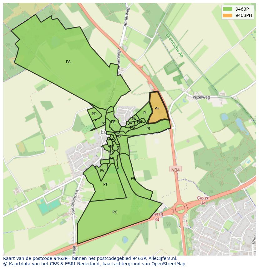 Afbeelding van het postcodegebied 9463 PH op de kaart.