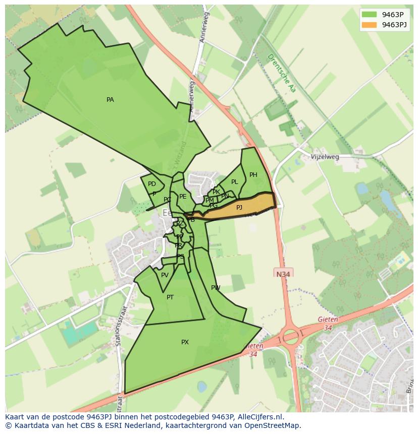 Afbeelding van het postcodegebied 9463 PJ op de kaart.