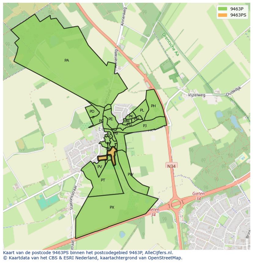 Afbeelding van het postcodegebied 9463 PS op de kaart.