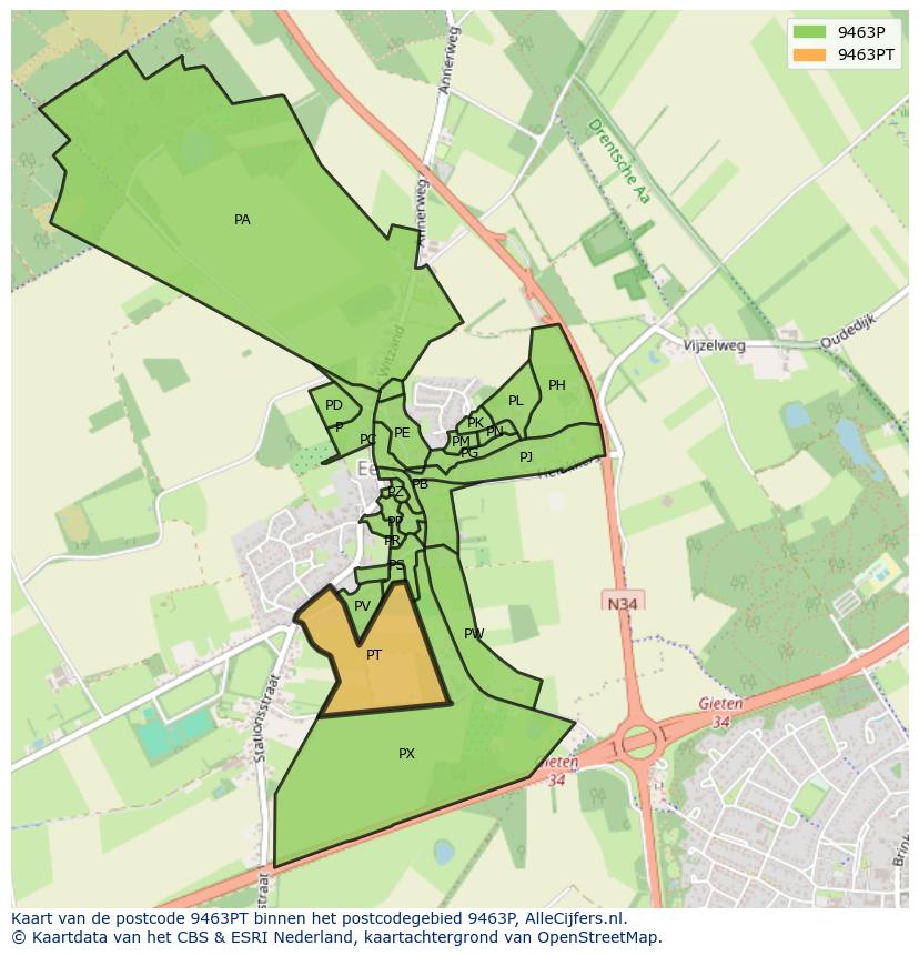 Afbeelding van het postcodegebied 9463 PT op de kaart.