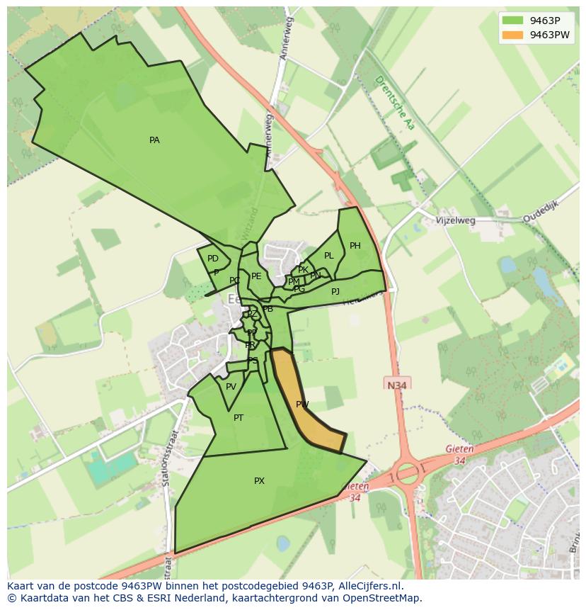 Afbeelding van het postcodegebied 9463 PW op de kaart.