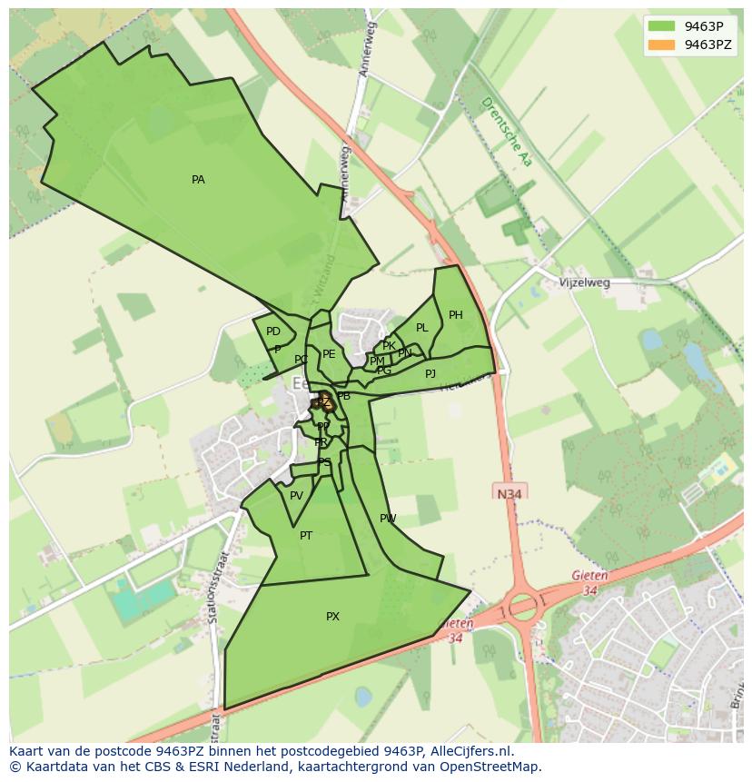 Afbeelding van het postcodegebied 9463 PZ op de kaart.