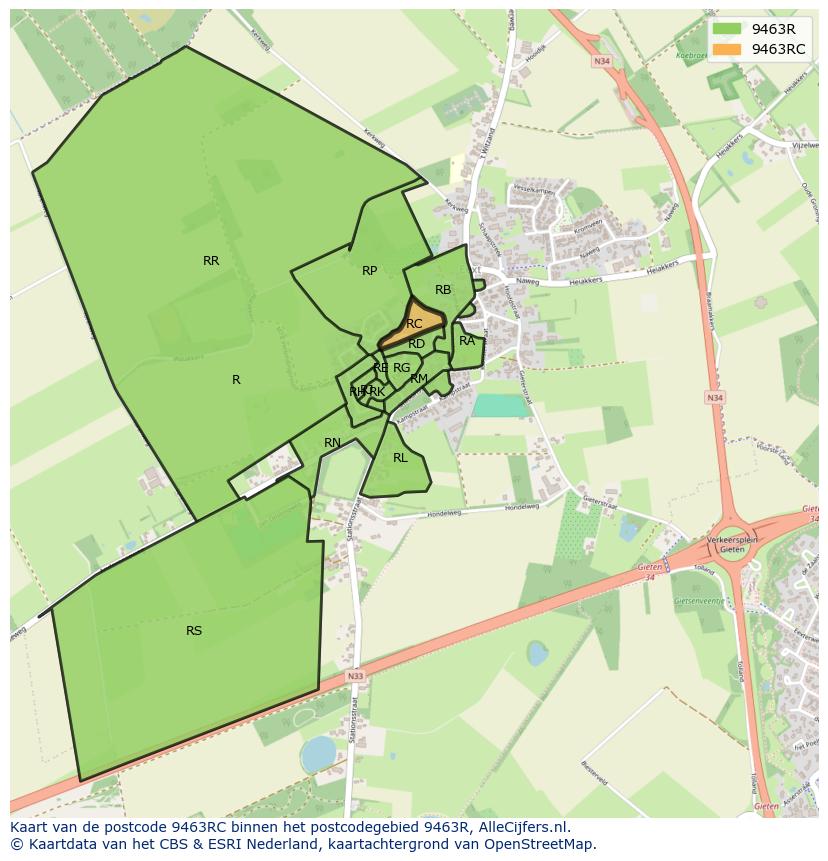 Afbeelding van het postcodegebied 9463 RC op de kaart.