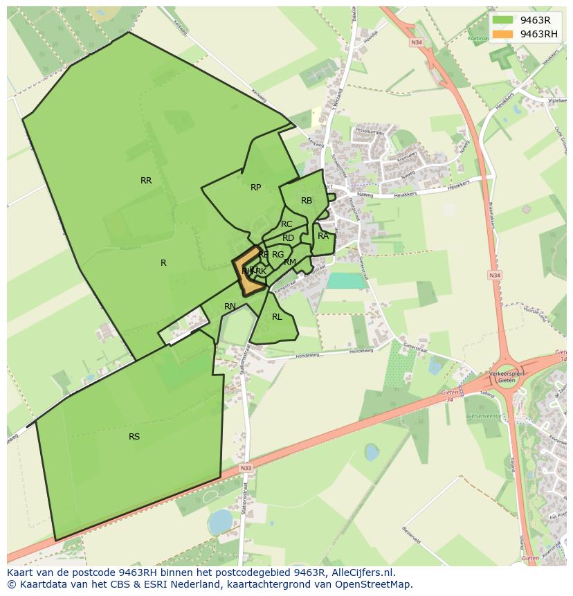 Afbeelding van het postcodegebied 9463 RH op de kaart.