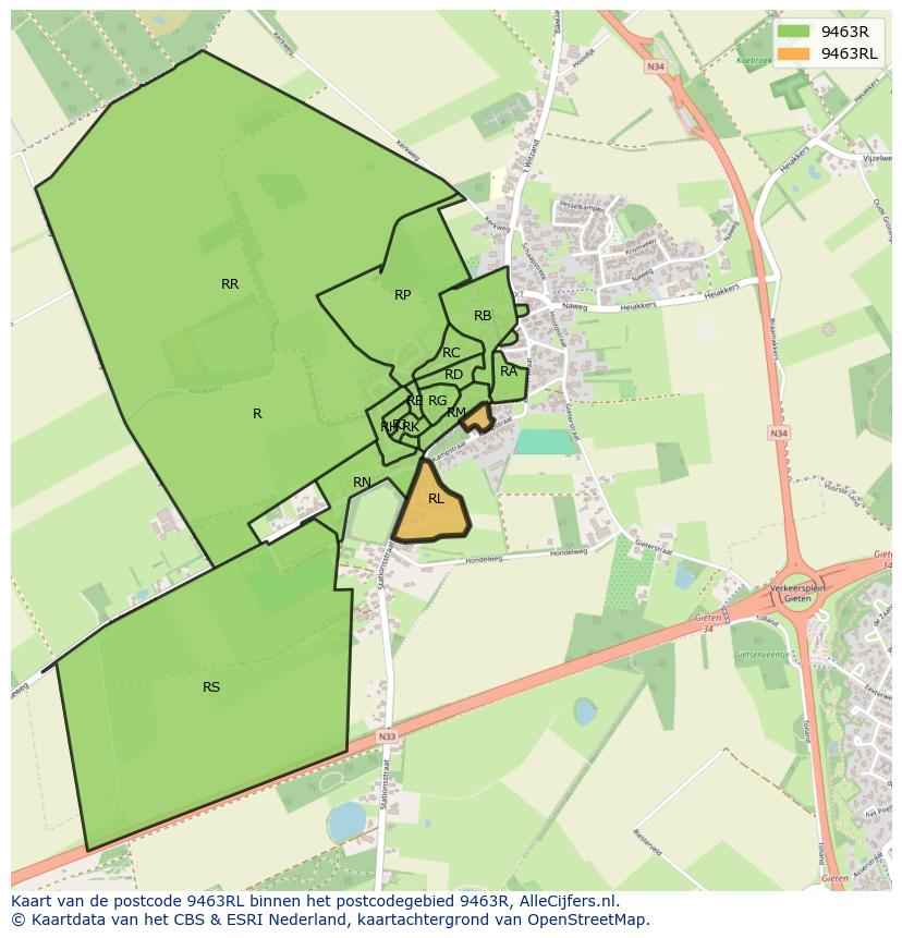 Afbeelding van het postcodegebied 9463 RL op de kaart.