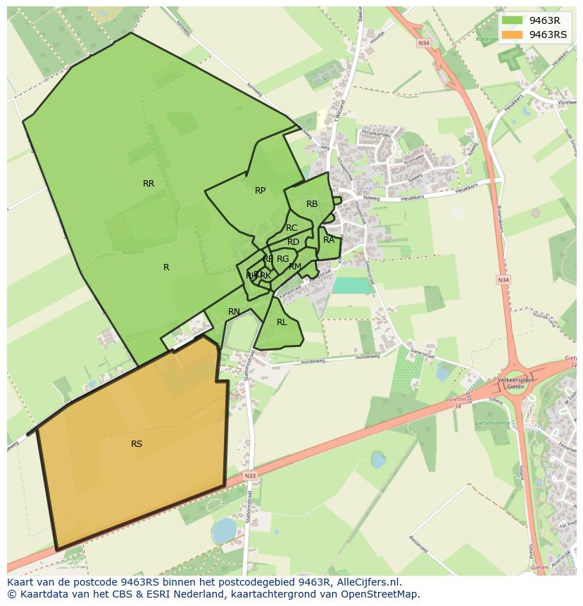 Afbeelding van het postcodegebied 9463 RS op de kaart.
