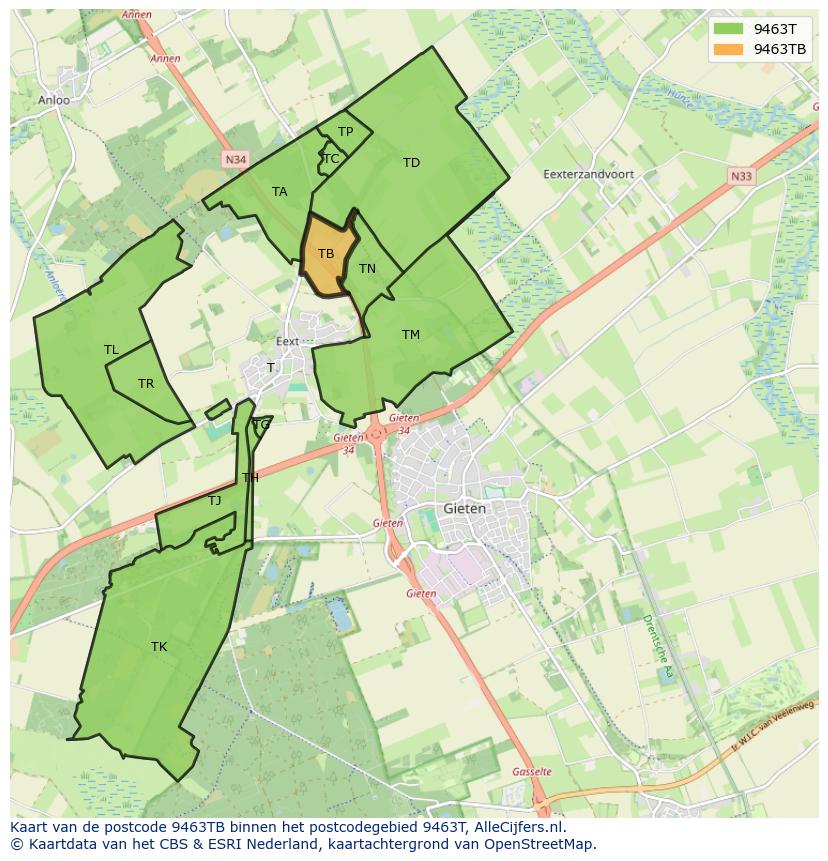 Afbeelding van het postcodegebied 9463 TB op de kaart.