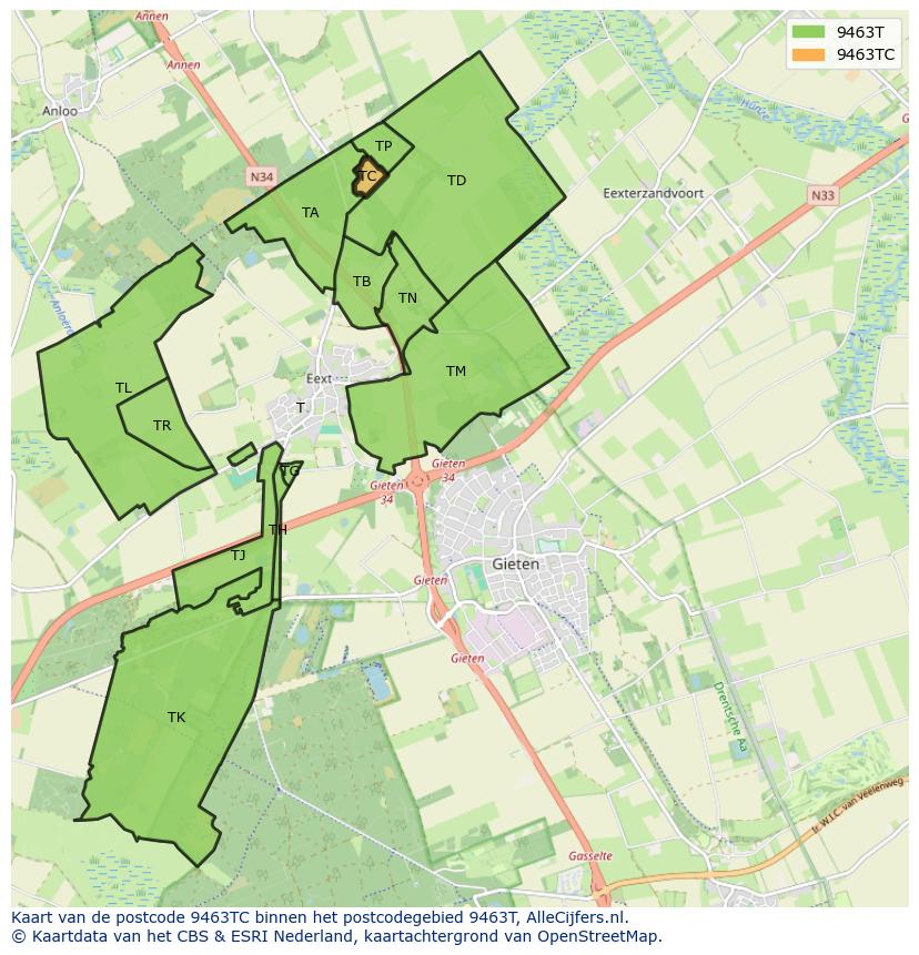 Afbeelding van het postcodegebied 9463 TC op de kaart.