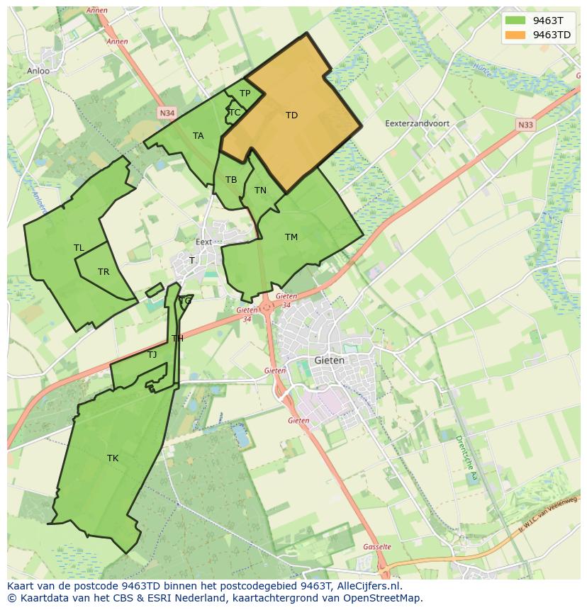 Afbeelding van het postcodegebied 9463 TD op de kaart.
