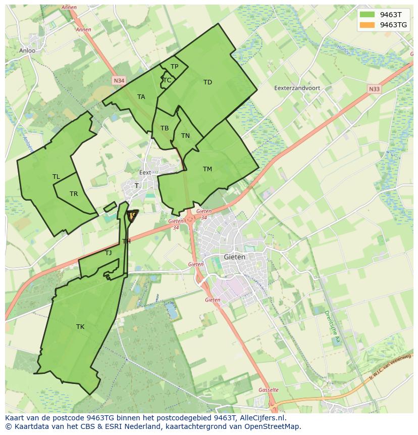 Afbeelding van het postcodegebied 9463 TG op de kaart.