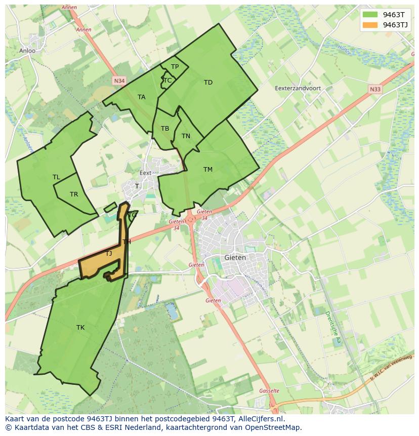 Afbeelding van het postcodegebied 9463 TJ op de kaart.