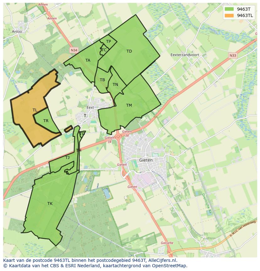 Afbeelding van het postcodegebied 9463 TL op de kaart.