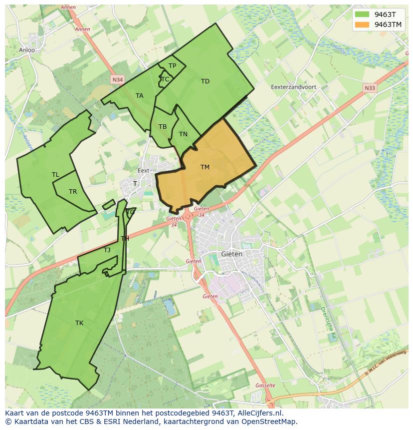 Afbeelding van het postcodegebied 9463 TM op de kaart.