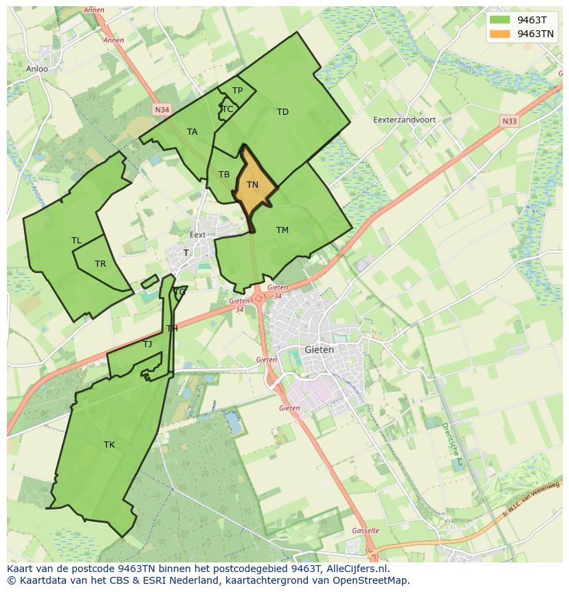 Afbeelding van het postcodegebied 9463 TN op de kaart.