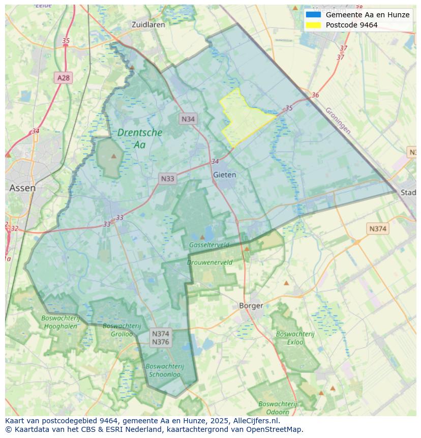 Afbeelding van het postcodegebied 9464 op de kaart.