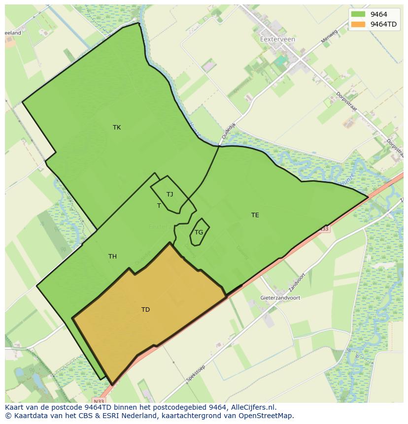 Afbeelding van het postcodegebied 9464 TD op de kaart.