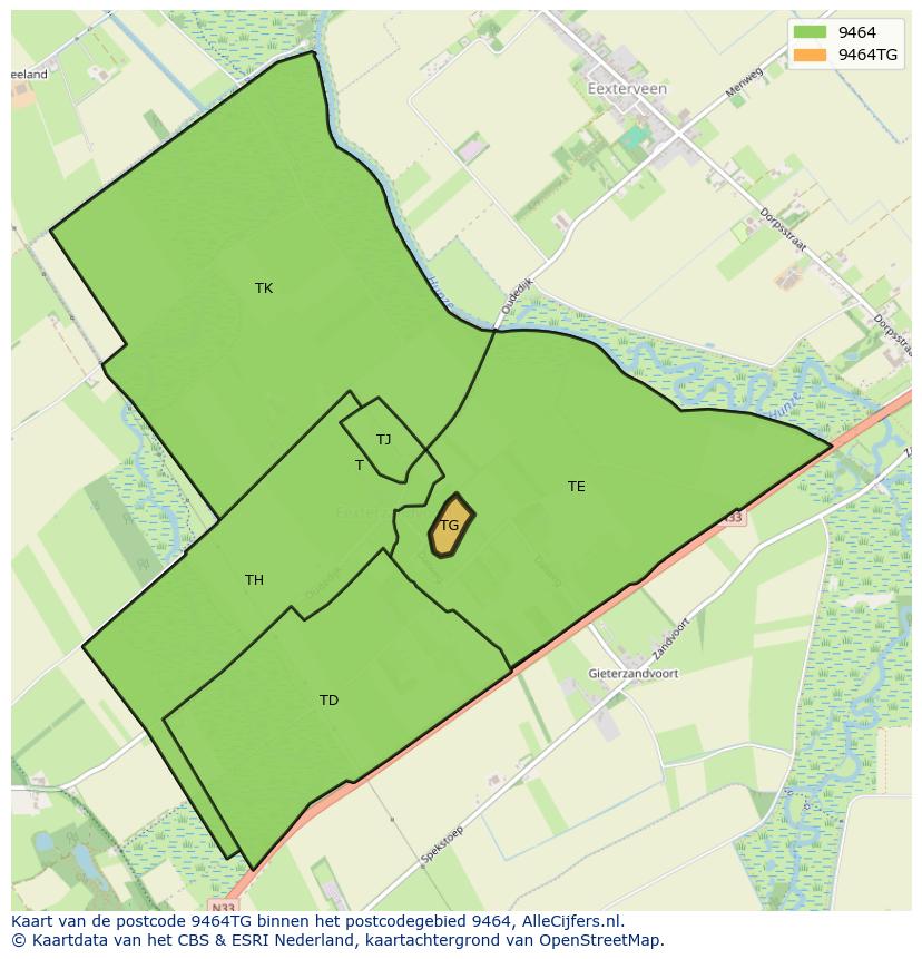 Afbeelding van het postcodegebied 9464 TG op de kaart.