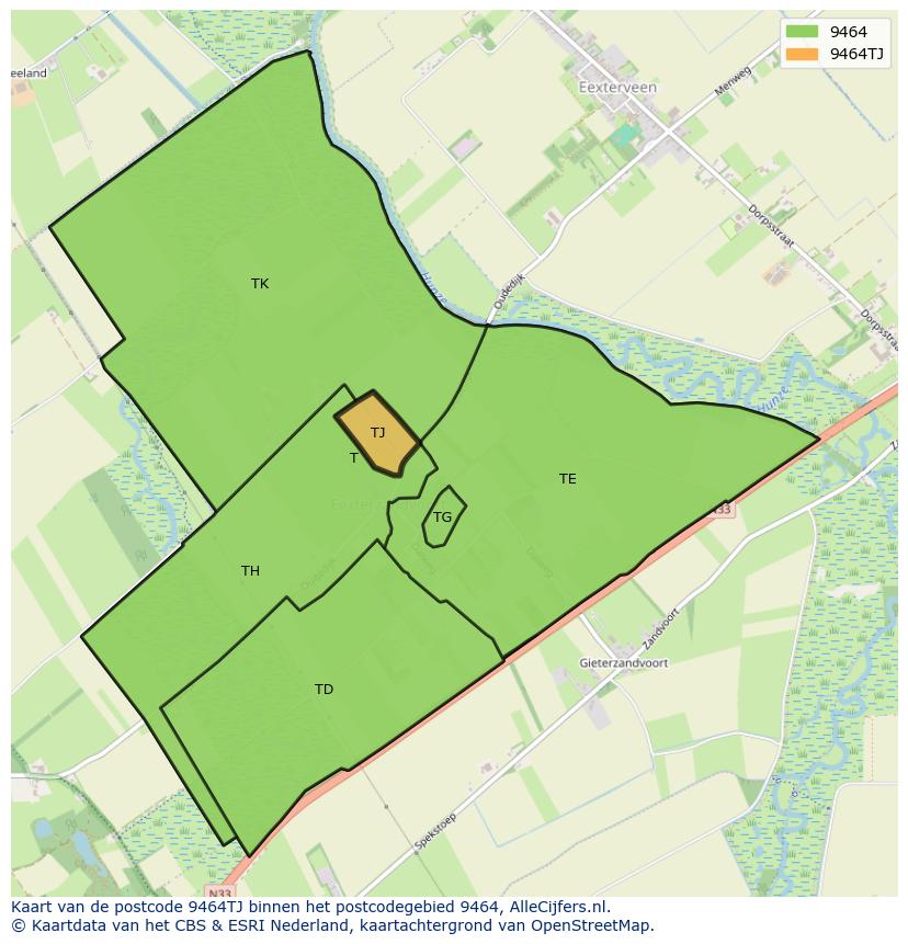 Afbeelding van het postcodegebied 9464 TJ op de kaart.