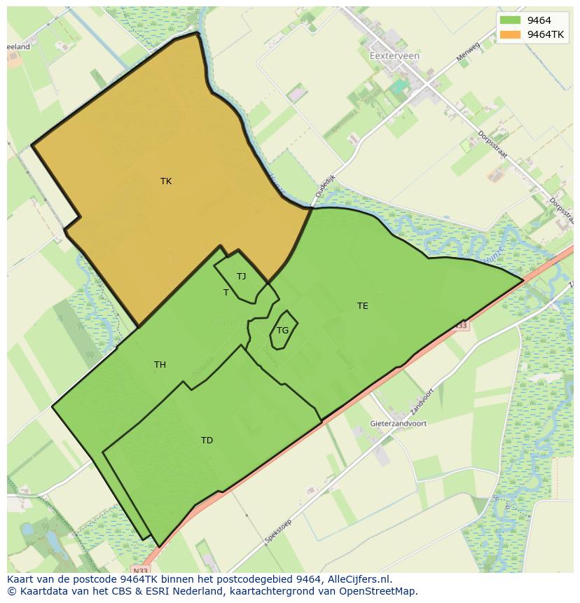 Afbeelding van het postcodegebied 9464 TK op de kaart.