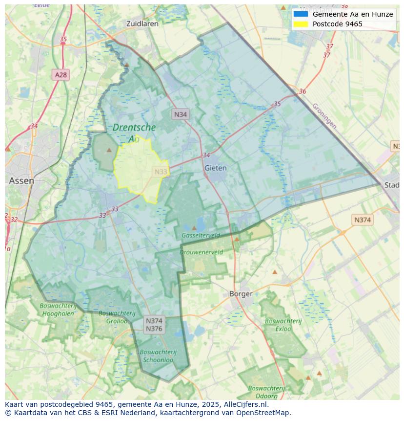 Afbeelding van het postcodegebied 9465 op de kaart.