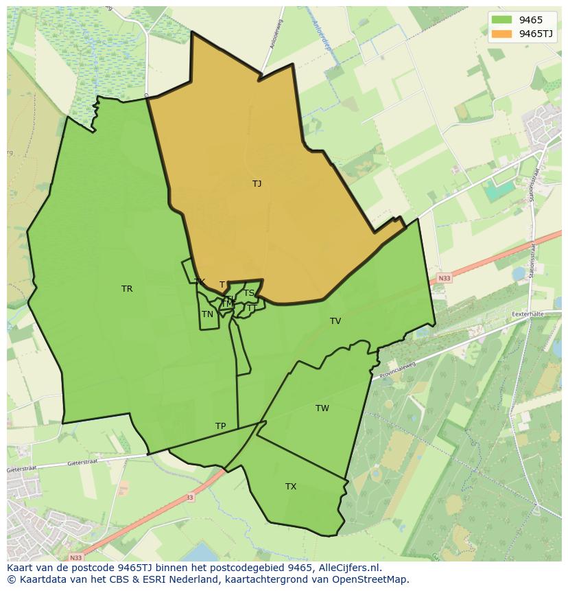 Afbeelding van het postcodegebied 9465 TJ op de kaart.