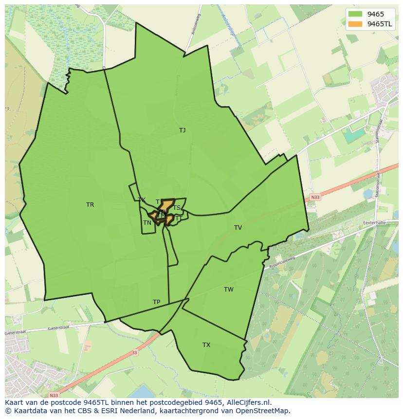 Afbeelding van het postcodegebied 9465 TL op de kaart.