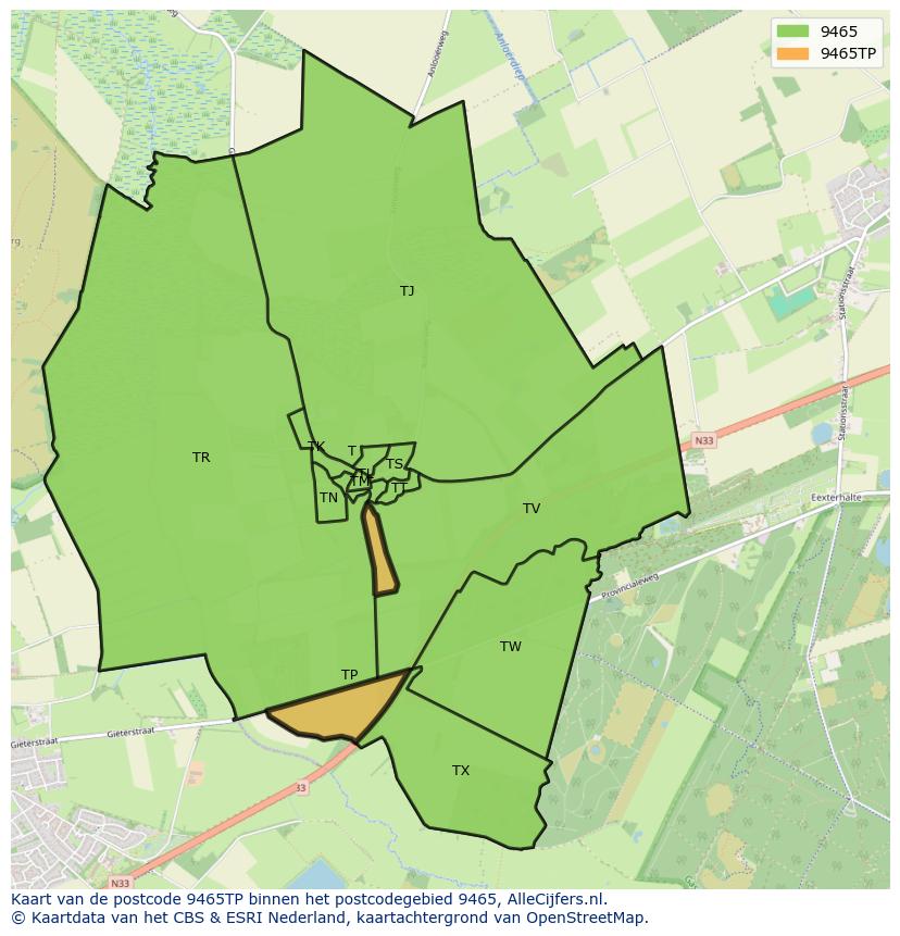 Afbeelding van het postcodegebied 9465 TP op de kaart.