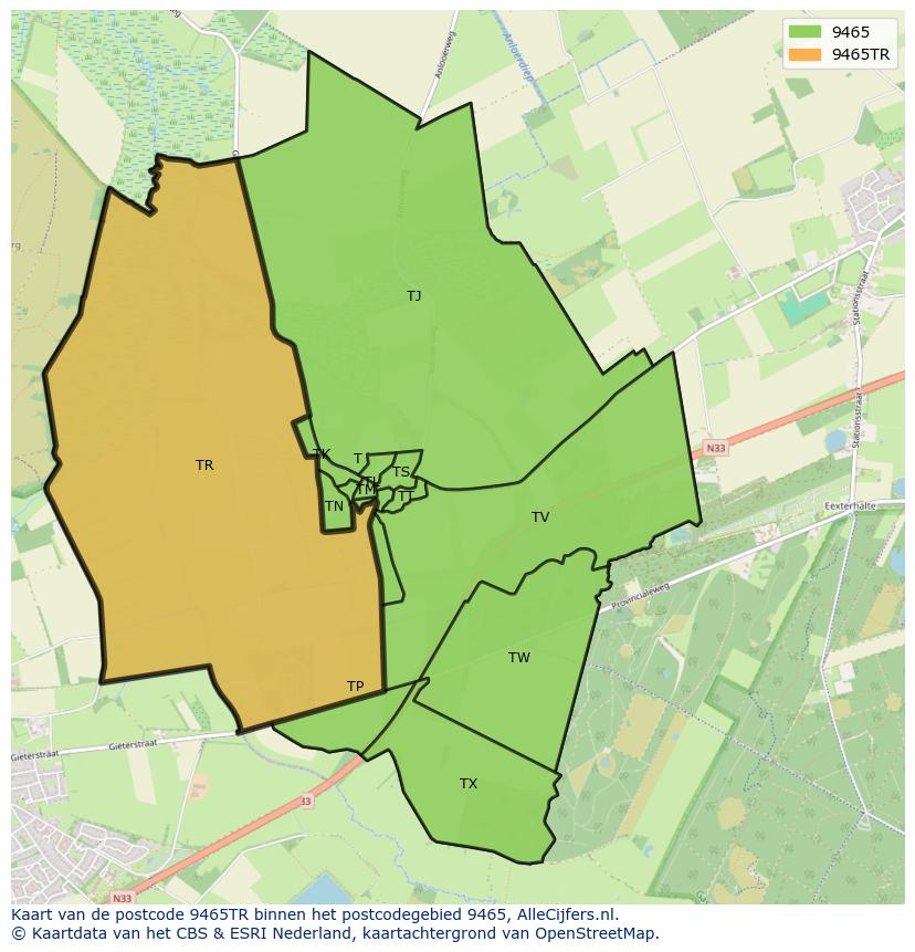 Afbeelding van het postcodegebied 9465 TR op de kaart.