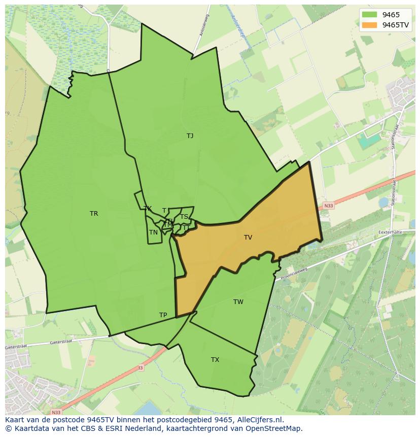 Afbeelding van het postcodegebied 9465 TV op de kaart.