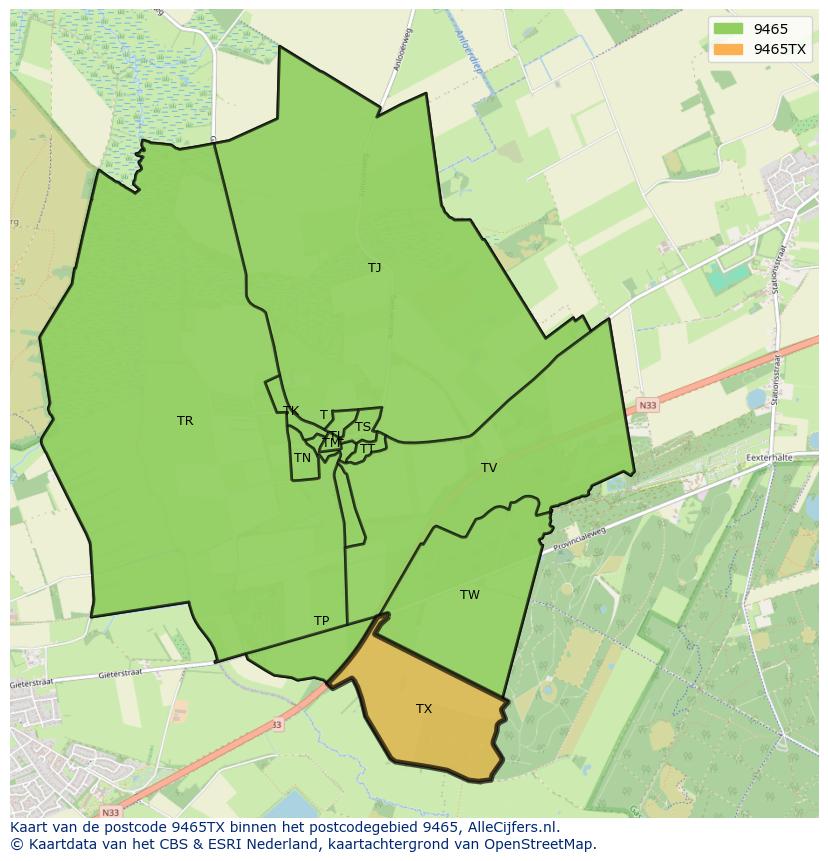 Afbeelding van het postcodegebied 9465 TX op de kaart.