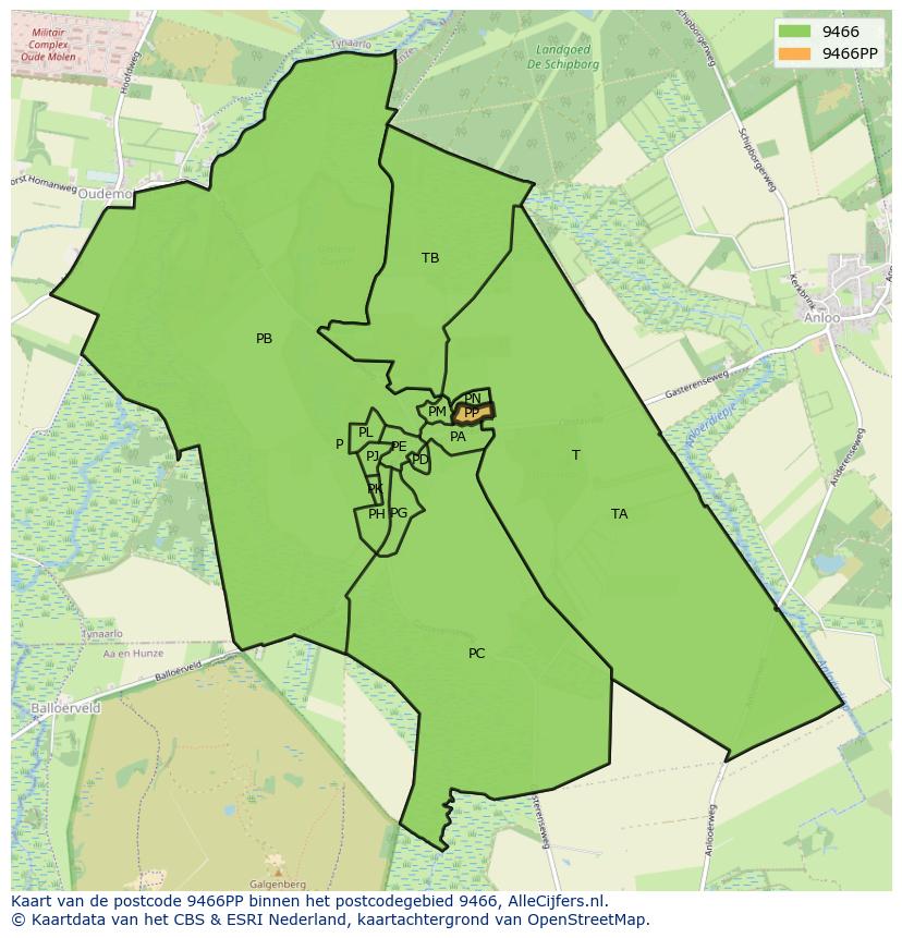 Afbeelding van het postcodegebied 9466 PP op de kaart.