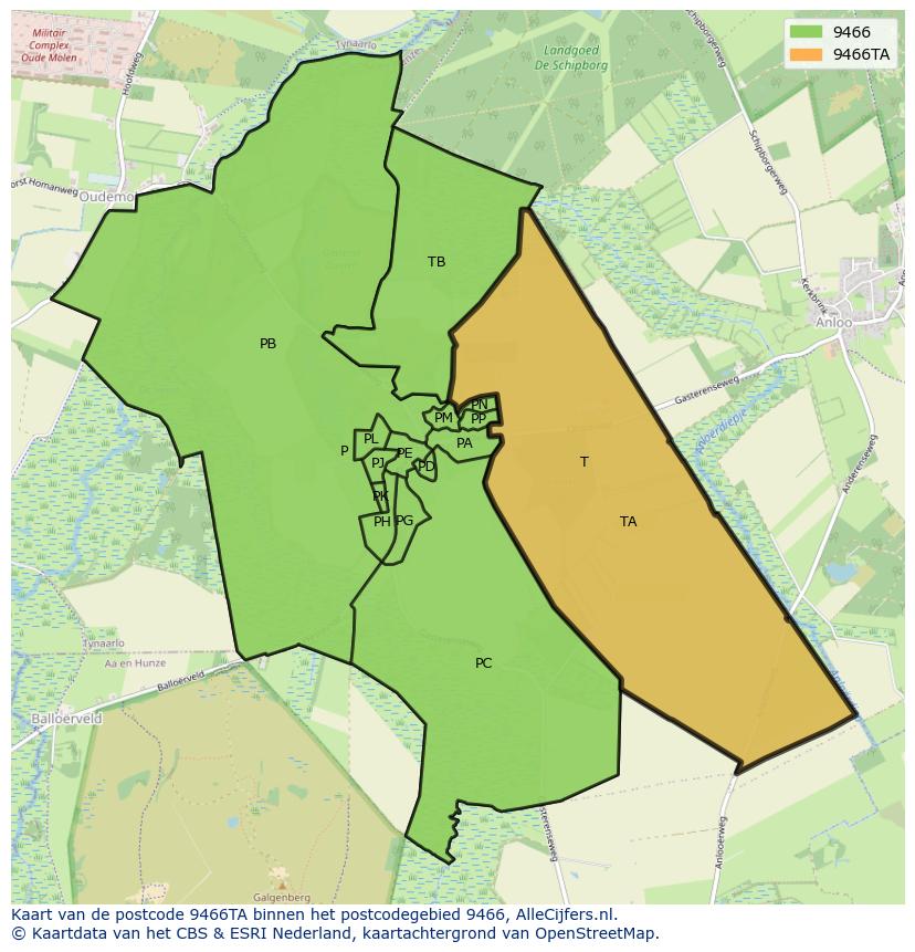 Afbeelding van het postcodegebied 9466 TA op de kaart.