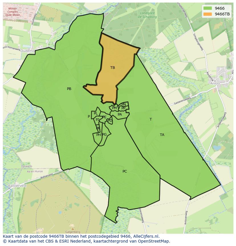 Afbeelding van het postcodegebied 9466 TB op de kaart.