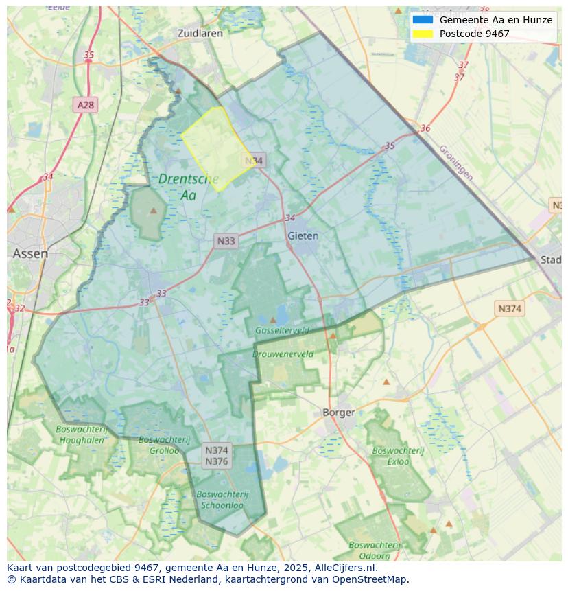 Afbeelding van het postcodegebied 9467 op de kaart.