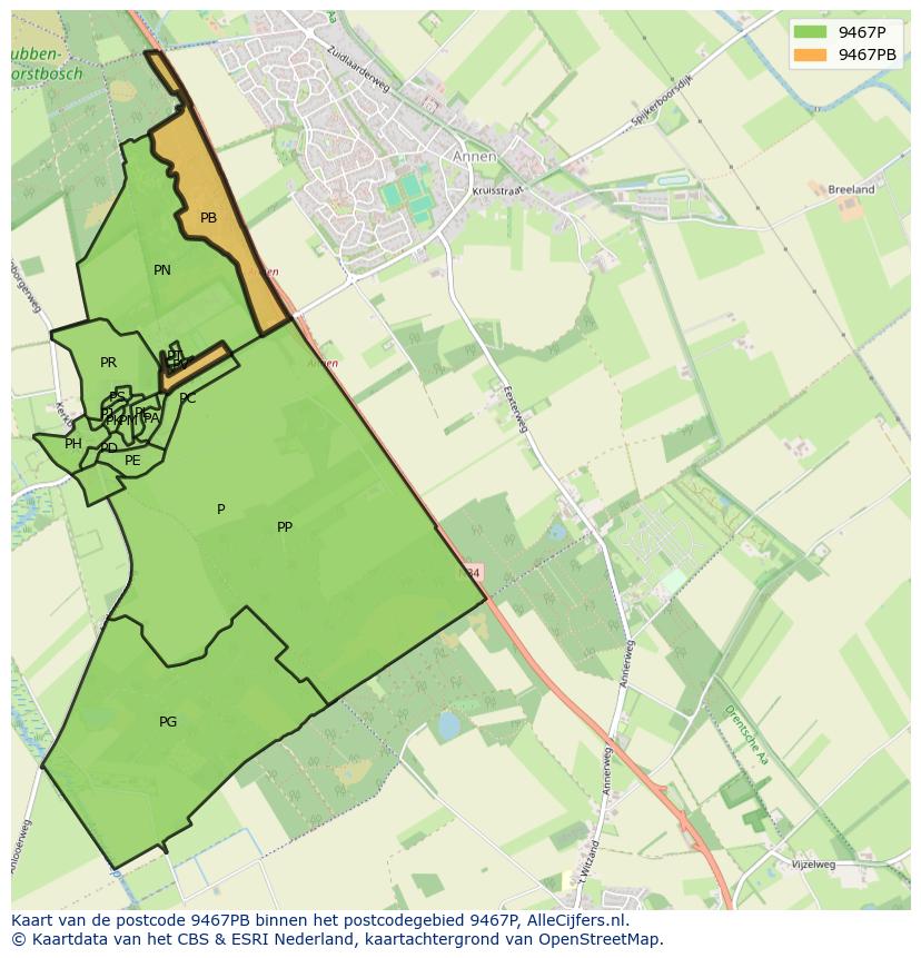 Afbeelding van het postcodegebied 9467 PB op de kaart.