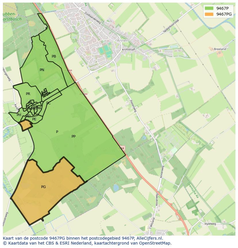 Afbeelding van het postcodegebied 9467 PG op de kaart.