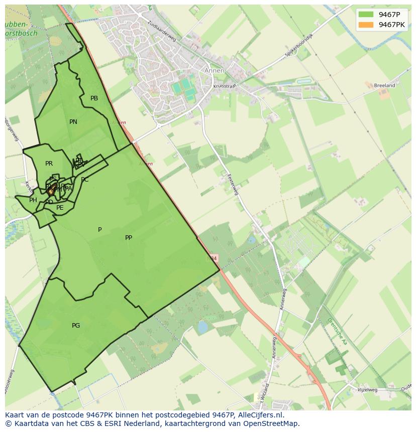 Afbeelding van het postcodegebied 9467 PK op de kaart.