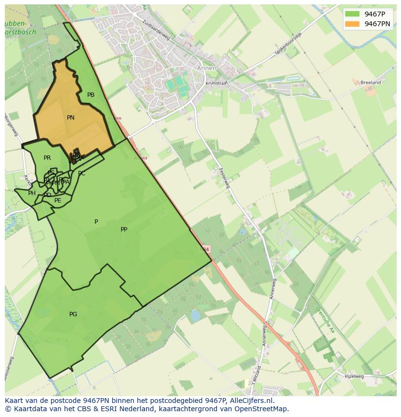 Afbeelding van het postcodegebied 9467 PN op de kaart.
