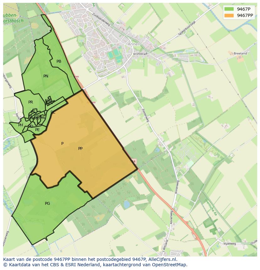 Afbeelding van het postcodegebied 9467 PP op de kaart.