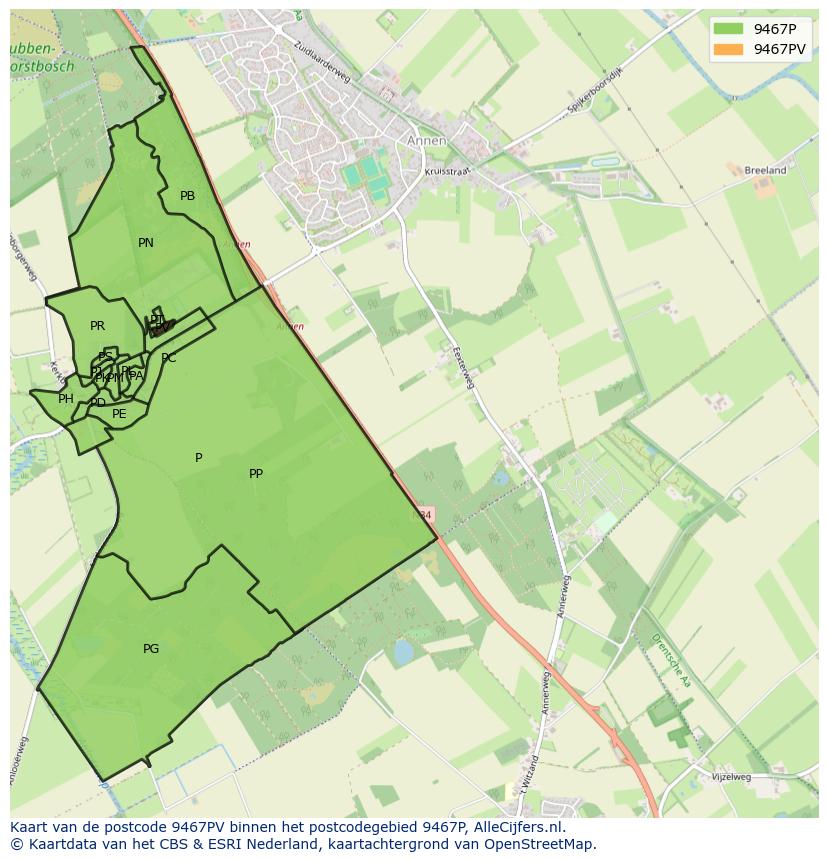 Afbeelding van het postcodegebied 9467 PV op de kaart.