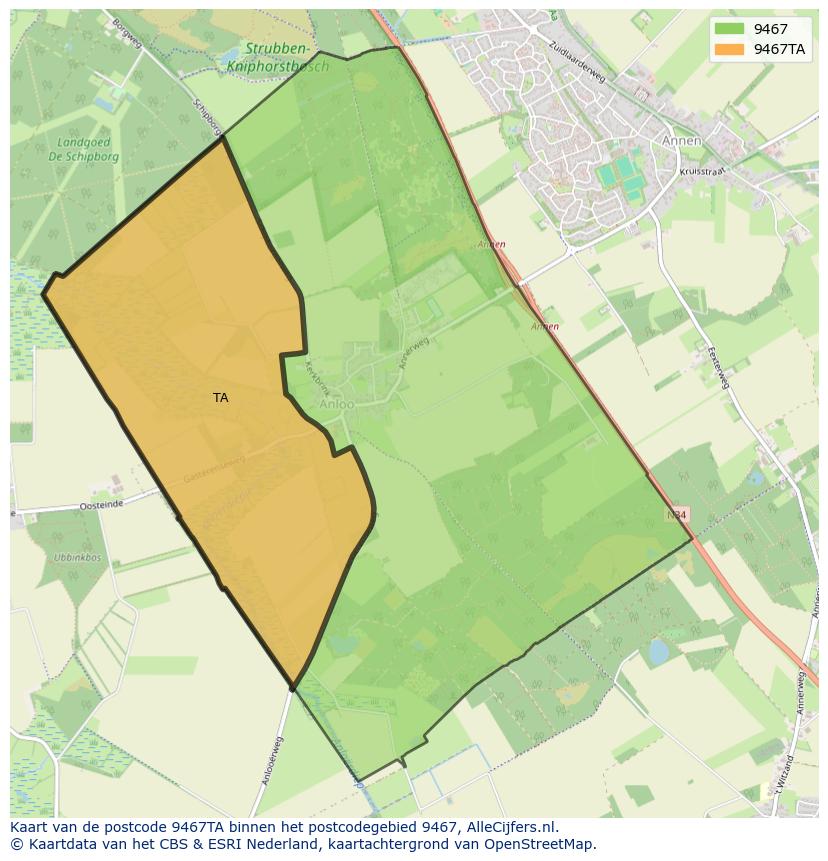 Afbeelding van het postcodegebied 9467 TA op de kaart.