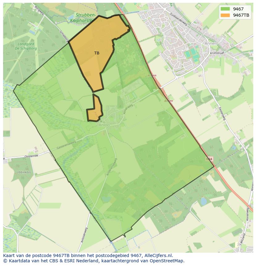 Afbeelding van het postcodegebied 9467 TB op de kaart.