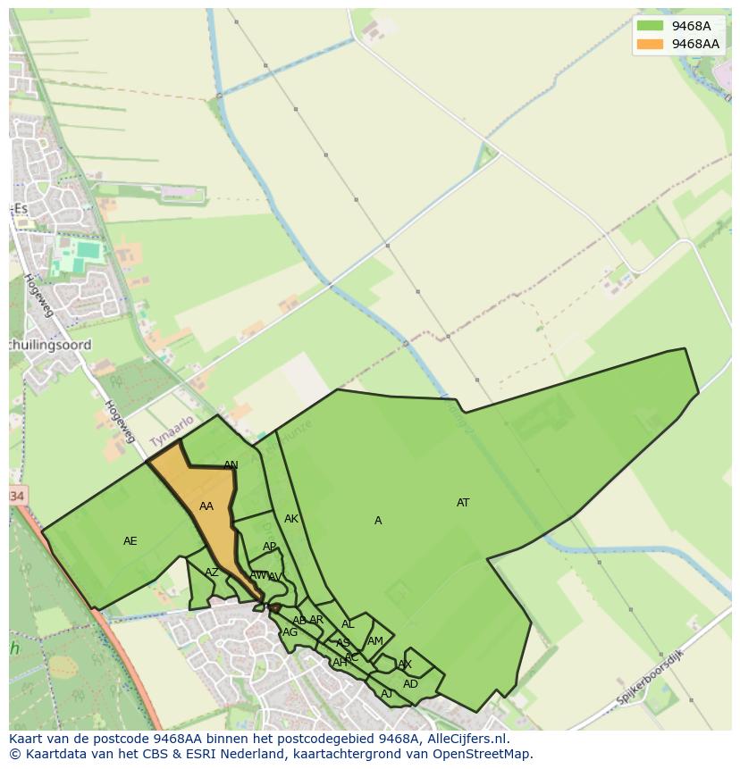 Afbeelding van het postcodegebied 9468 AA op de kaart.