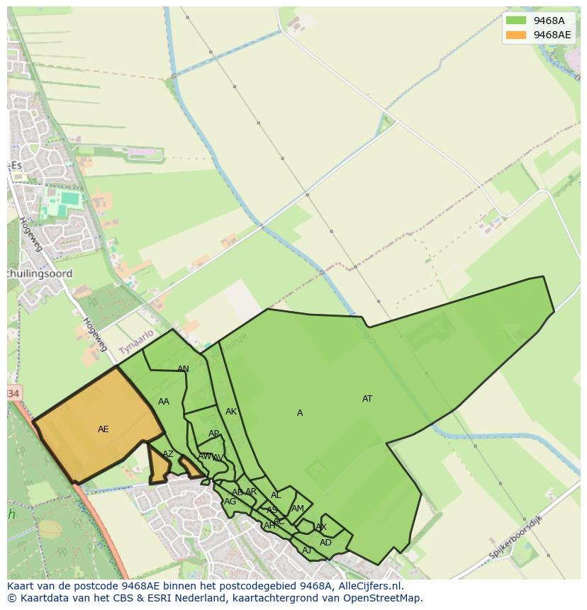 Afbeelding van het postcodegebied 9468 AE op de kaart.