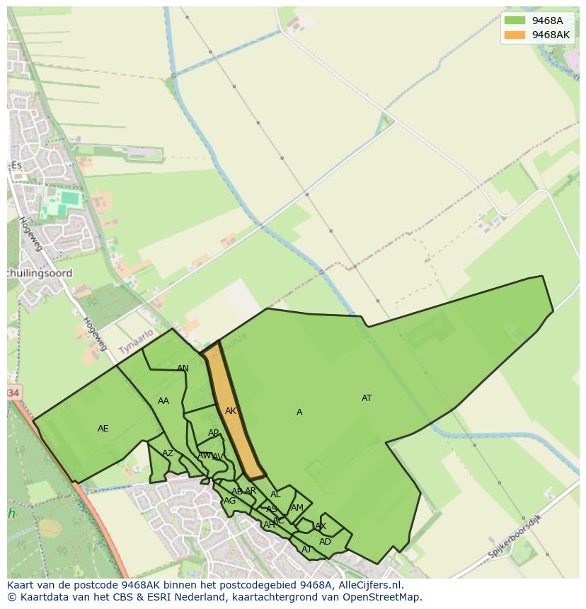 Afbeelding van het postcodegebied 9468 AK op de kaart.