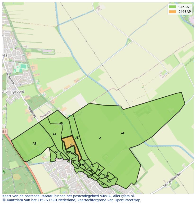 Afbeelding van het postcodegebied 9468 AP op de kaart.