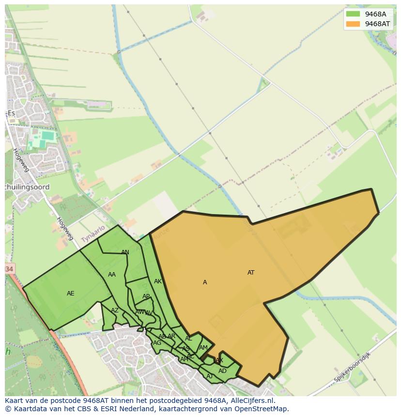 Afbeelding van het postcodegebied 9468 AT op de kaart.