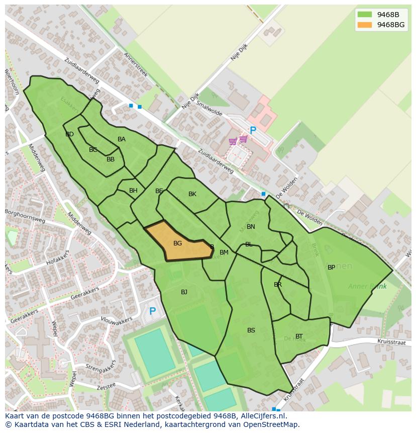 Afbeelding van het postcodegebied 9468 BG op de kaart.